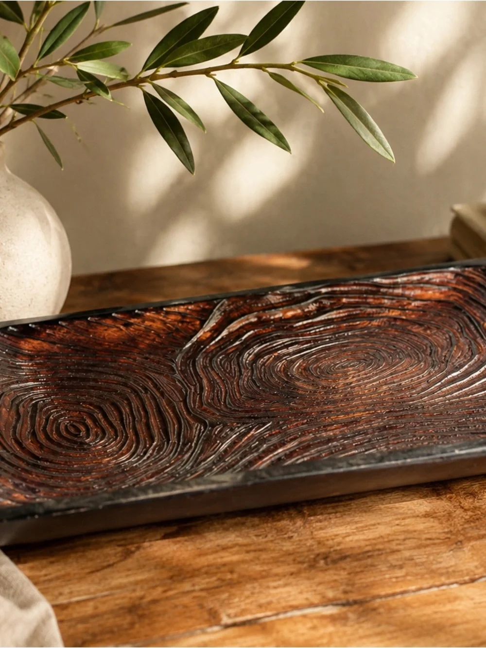 Hand Carved Philippine Wood Tray JY Abstract Tree Ring Design 18” x 11”